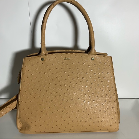 Crossi Woman’s Ostrich Faux Leather Bow Camel Tan Double Pocket Gold Zip Bag - Picture 9 of 16